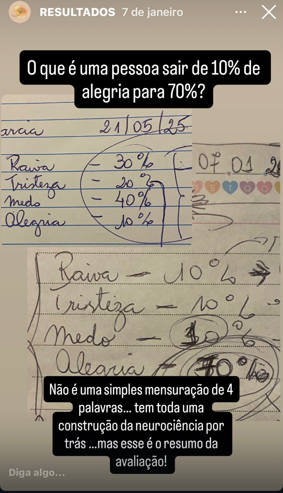 Registro real de uma aluna mostrando alegria subindo de 10% para 70%